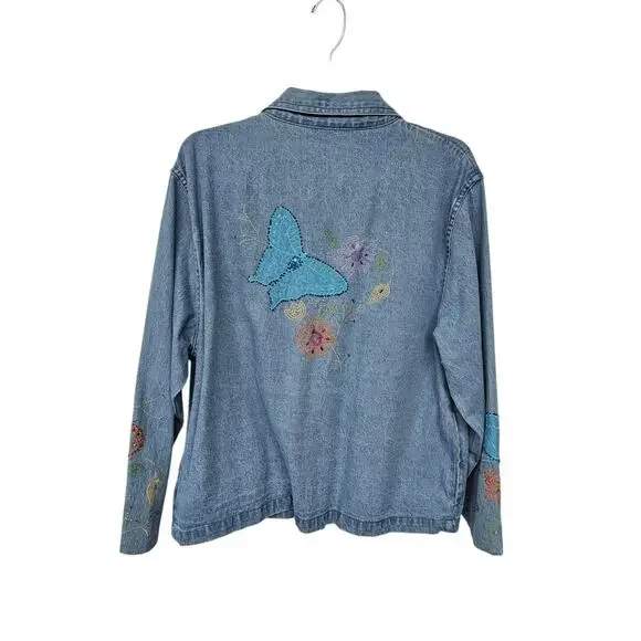 VTG Tantrums Embroidered Floral Denim Jacket Sz L Butterflies 90s Hippie Boho - Picture 7 of 16